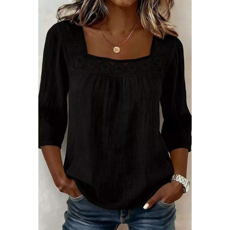 Crochet Trim Square Neck Blouse Apparel and Accessories