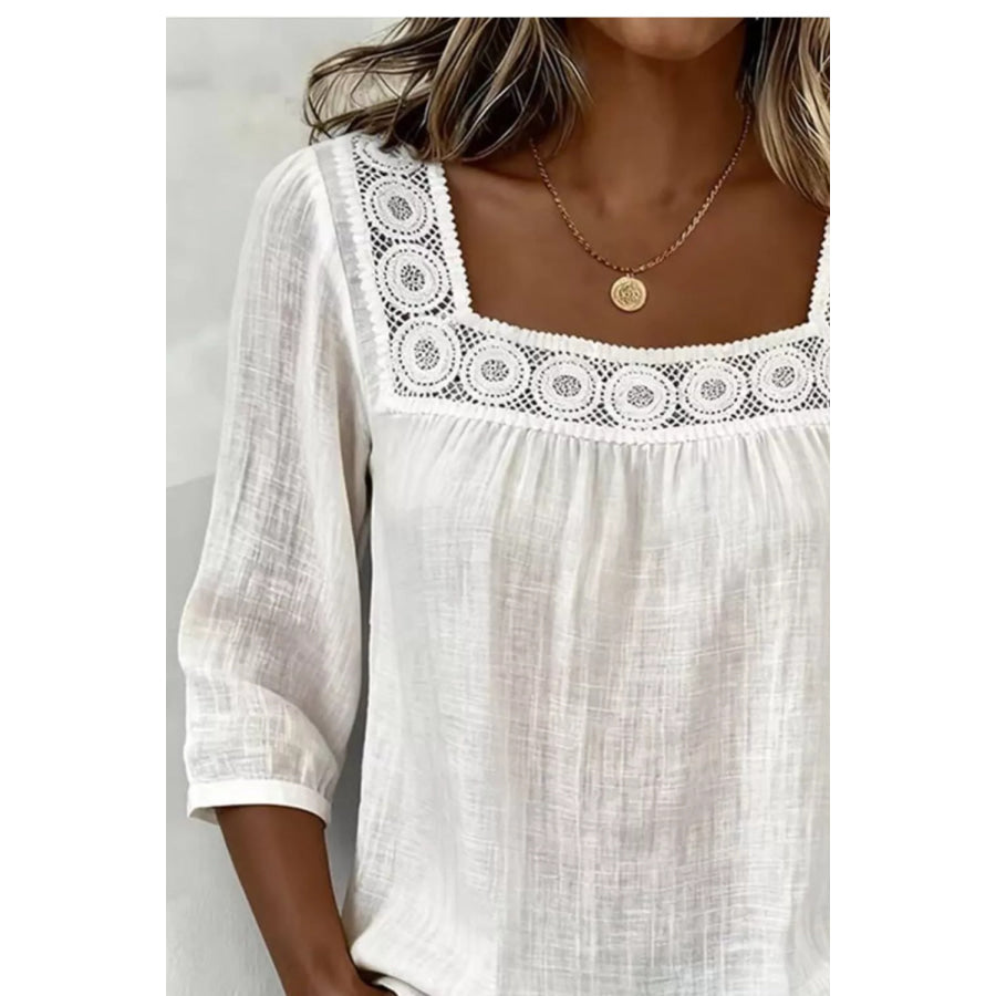Crochet Trim Square Neck Blouse Apparel and Accessories