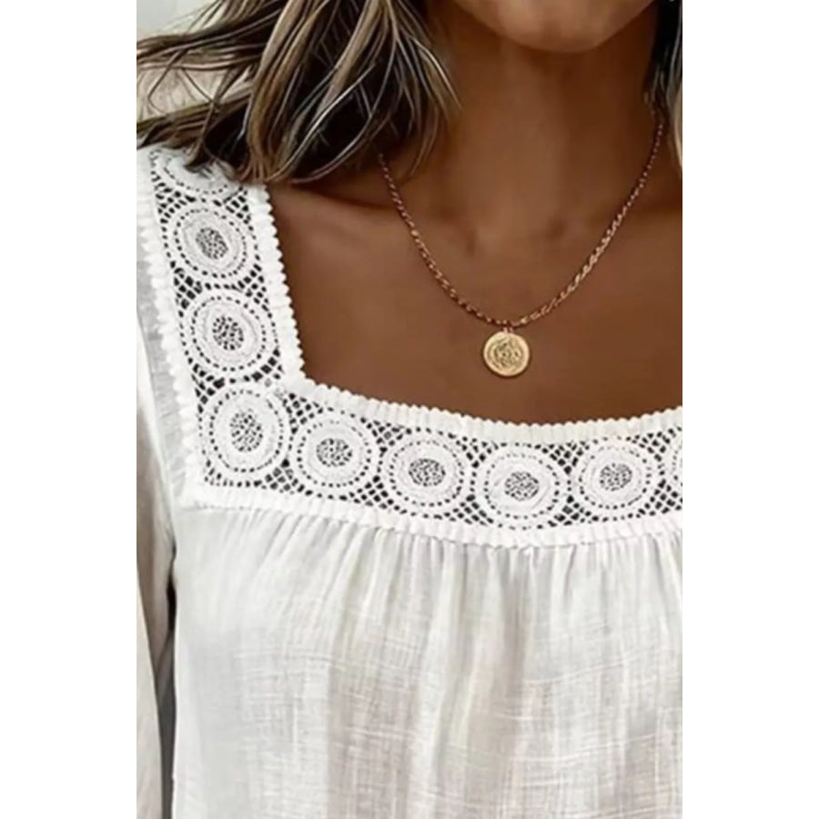 Crochet Trim Square Neck Blouse White / S Apparel and Accessories