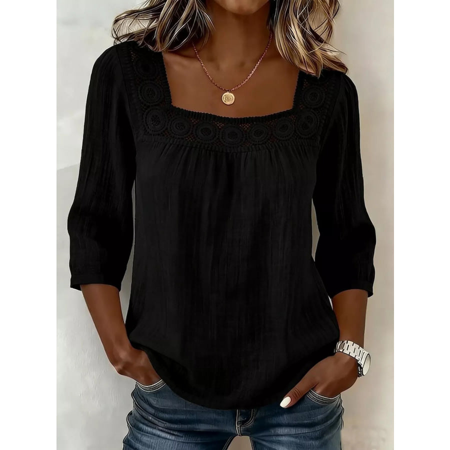Crochet Trim Square Neck Blouse Black / S Apparel and Accessories