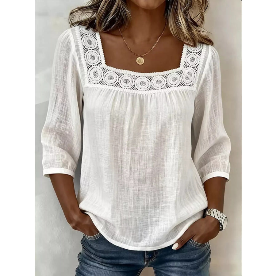 Crochet Trim Square Neck Blouse White / S Apparel and Accessories