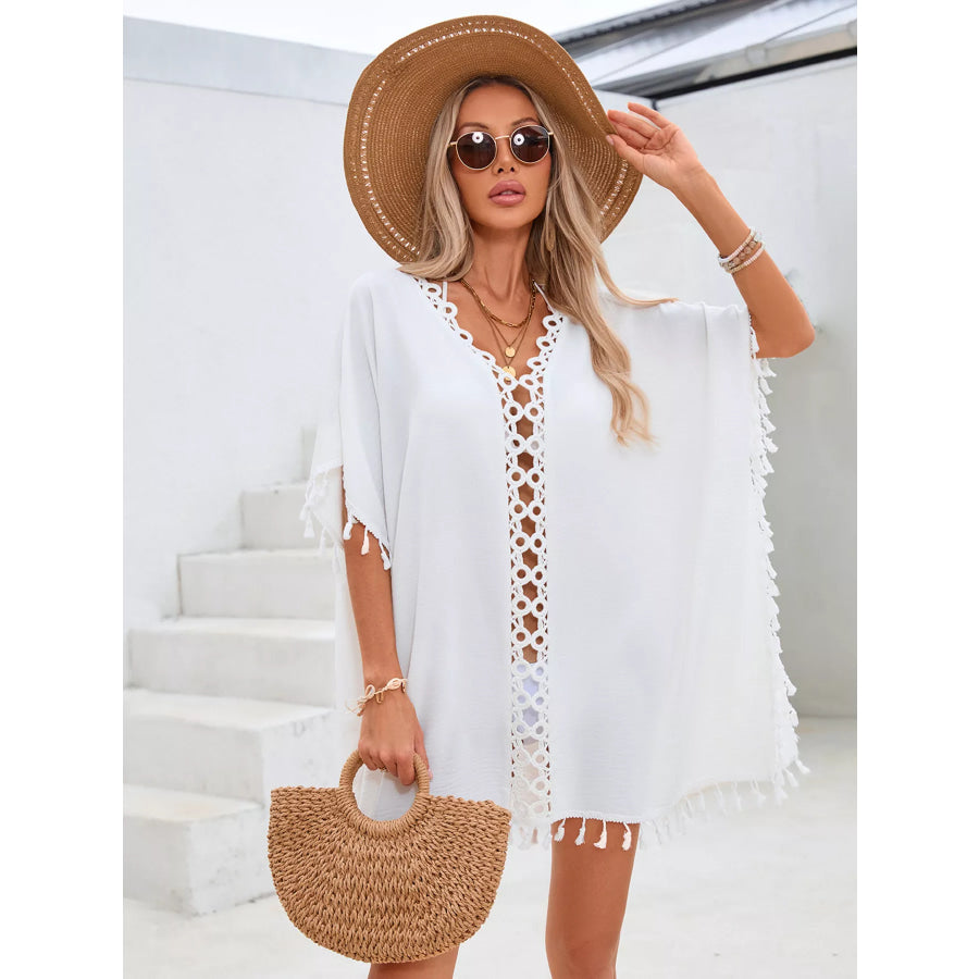 Crochet Trim Tassel Cover-Up Dress White / One Size Apparel and Accessories