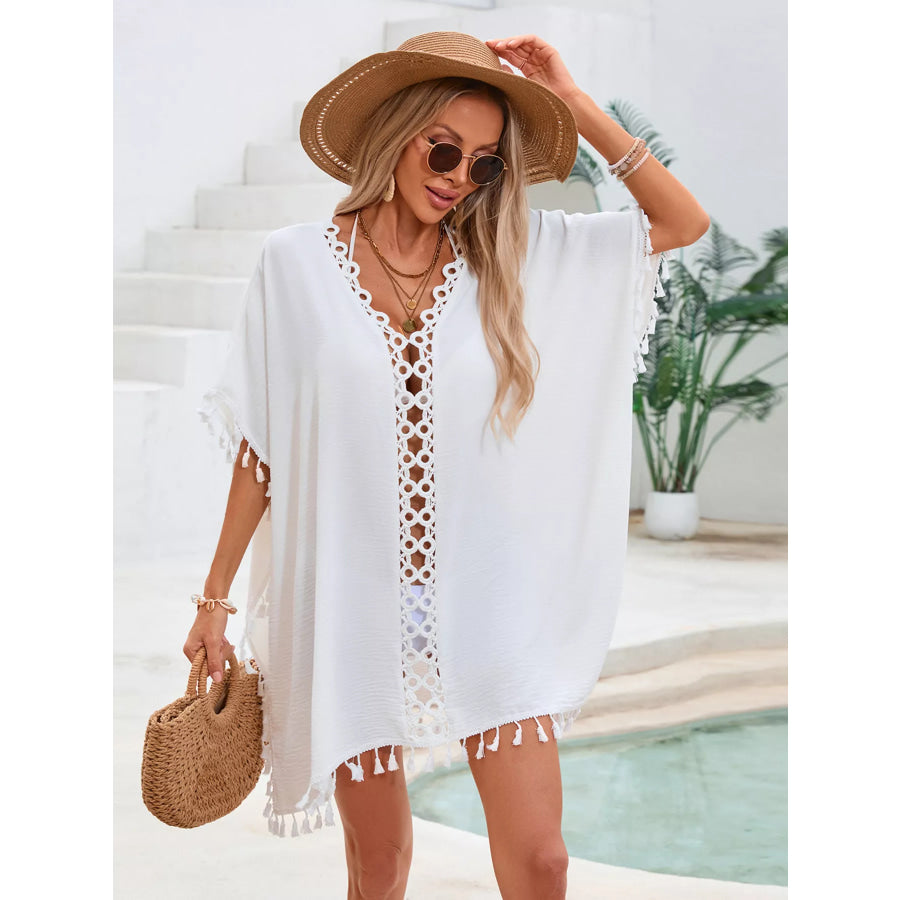 Crochet Trim Tassel Cover-Up Dress White / One Size Apparel and Accessories