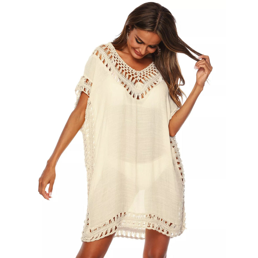 Crochet Trim V-Neck Cover-Up Dress Apricot / One Size Apparel and Accessories