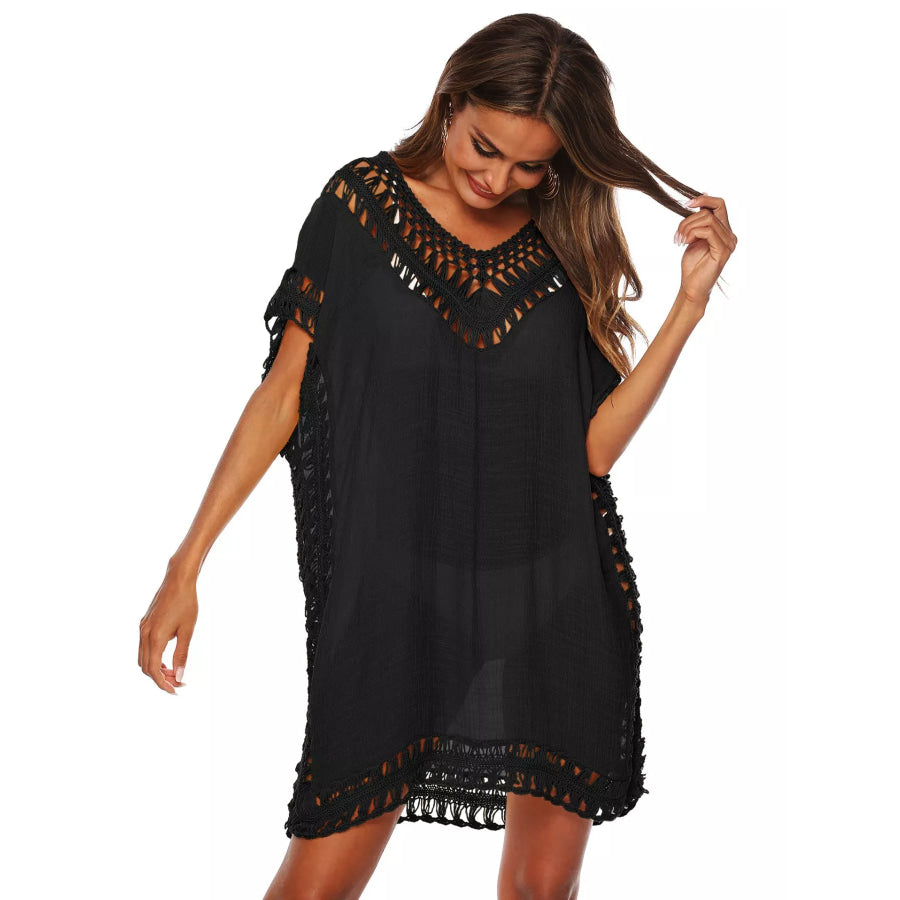 Crochet Trim V-Neck Cover-Up Dress Black / One Size Apparel and Accessories