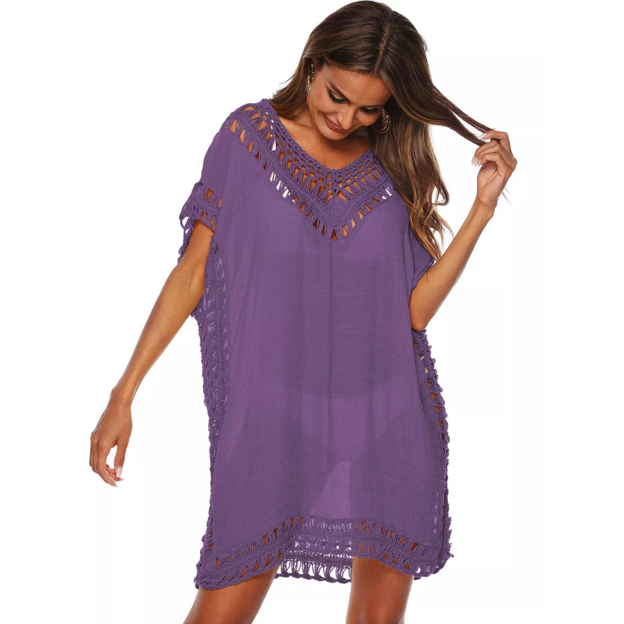 Crochet Trim V-Neck Cover-Up Dress Dark Purple / One Size Apparel and Accessories