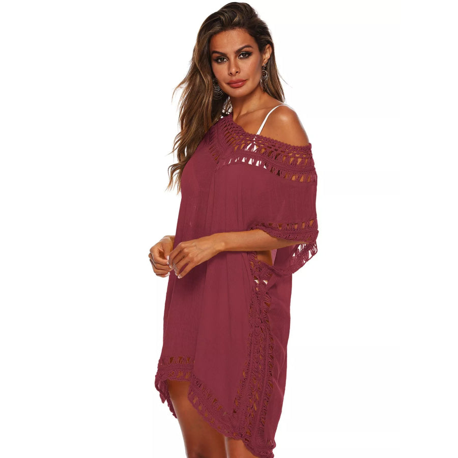 Crochet Trim V-Neck Cover-Up Dress Jujube / One Size Apparel and Accessories