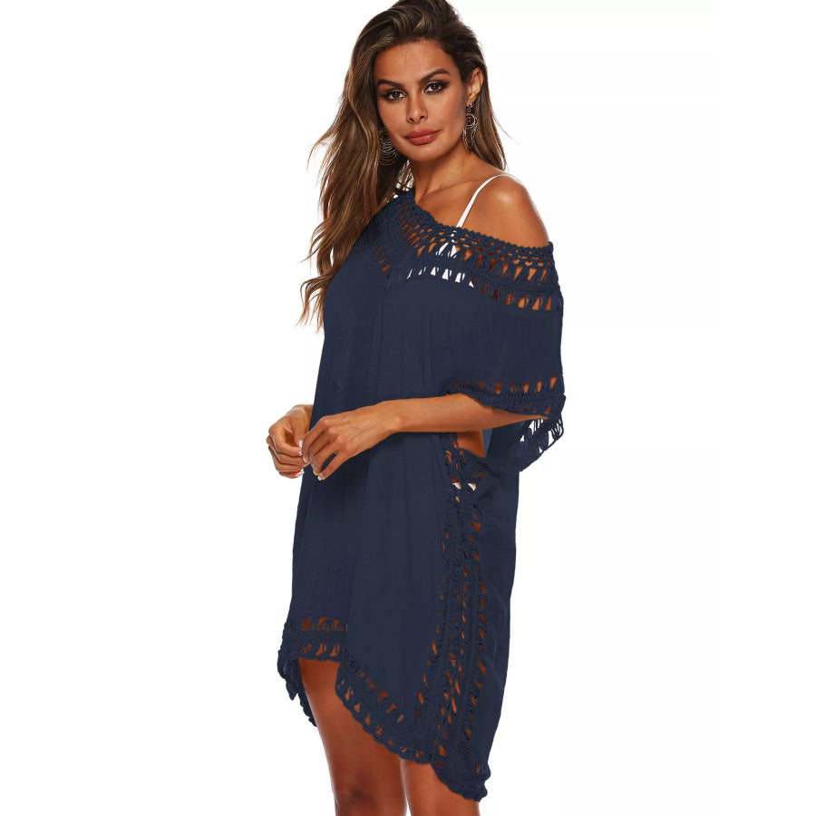 Crochet Trim V-Neck Cover-Up Dress Navy Blue / One Size Apparel and Accessories