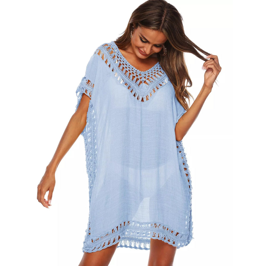Crochet Trim V-Neck Cover-Up Dress Sky Blue / One Size Apparel and Accessories