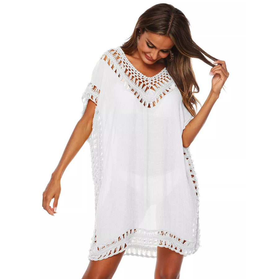 Crochet Trim V-Neck Cover-Up Dress White / One Size Apparel and Accessories