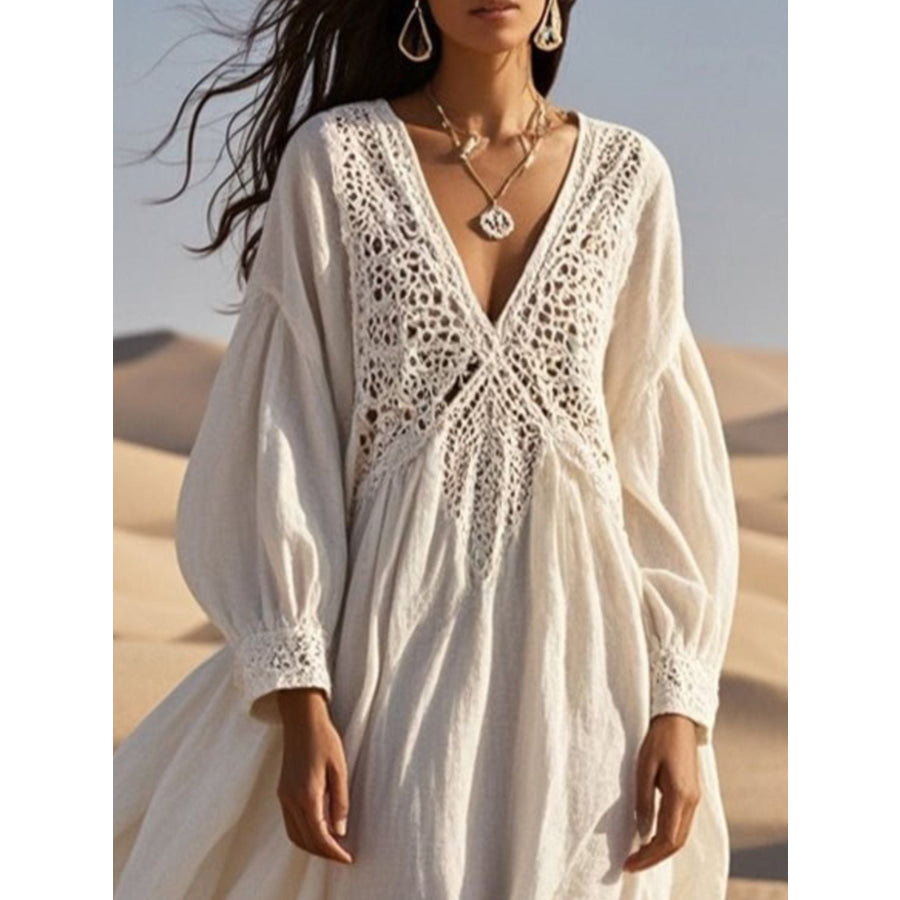 Crochet Trimmed V-Neck Midi Dress White / S Apparel and Accessories