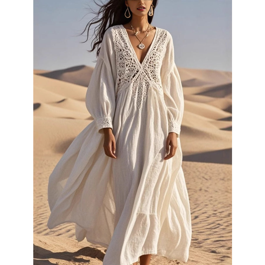 Crochet Trimmed V-Neck Midi Dress White / S Apparel and Accessories
