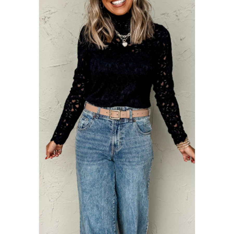 Crochet Turtleneck Long Sleeve Top Apparel and Accessories