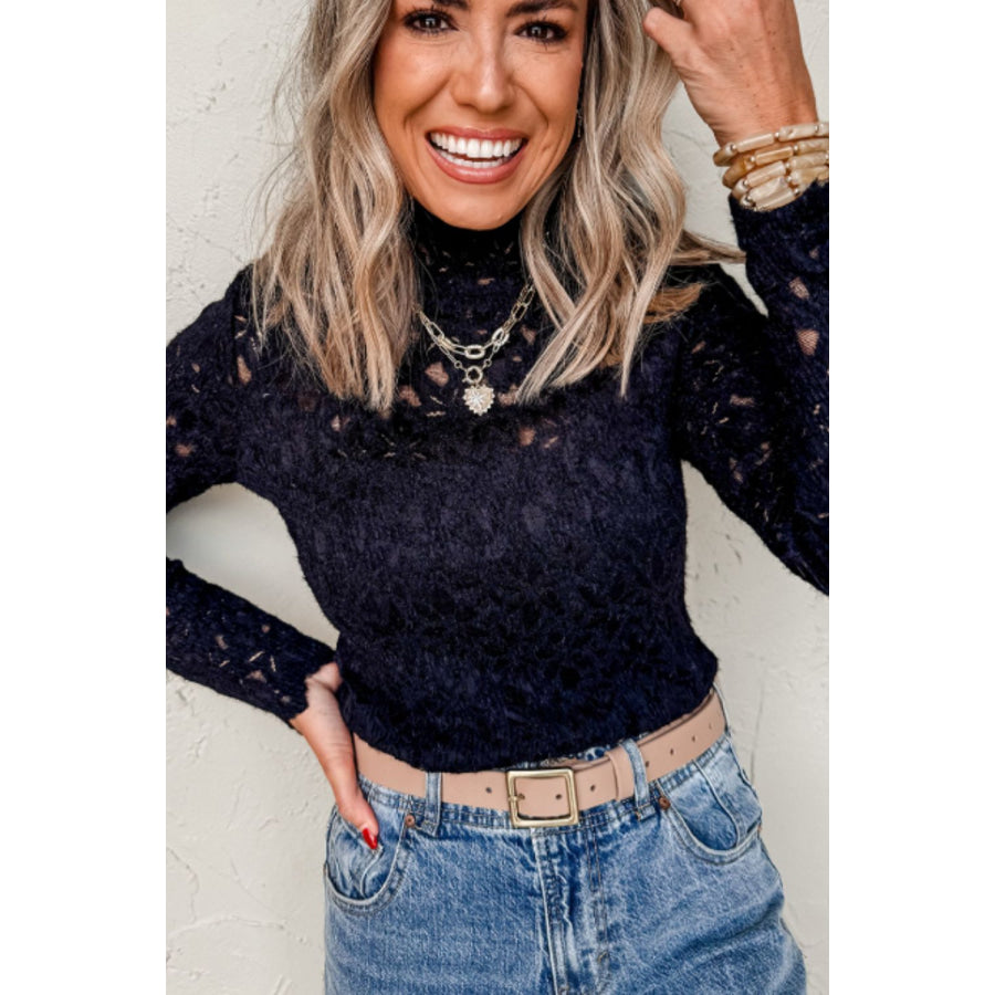 Crochet Turtleneck Long Sleeve Top Apparel and Accessories