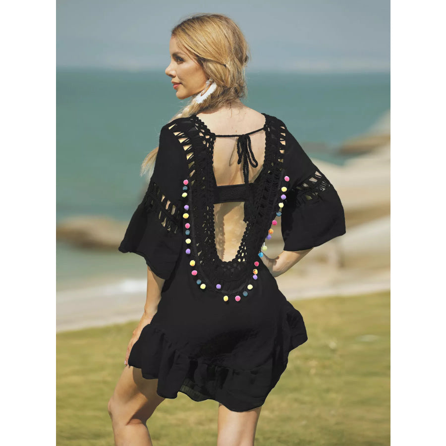 Crochet V-Neck Beach Cover-Up Dress Black / One Size Apparel and Accessories