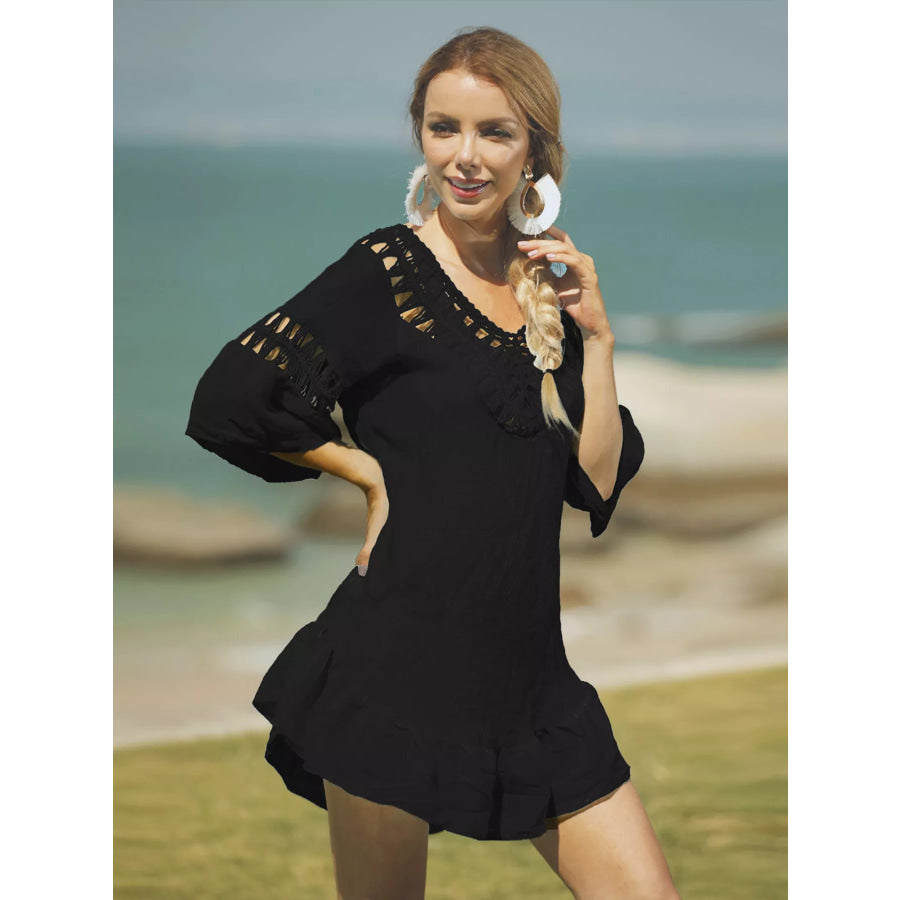 Crochet V-Neck Beach Cover-Up Dress Black / One Size Apparel and Accessories
