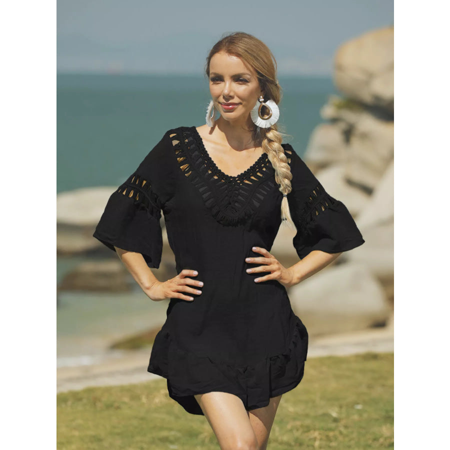 Crochet V-Neck Beach Cover-Up Dress Black / One Size Apparel and Accessories