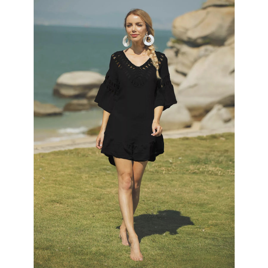 Crochet V-Neck Beach Cover-Up Dress Black / One Size Apparel and Accessories