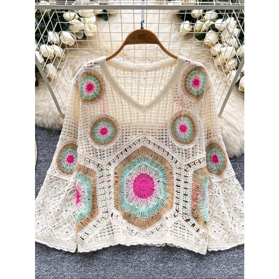 Crochet V-Neck Knit Cover Up Brown / One Size Apparel and Accessories