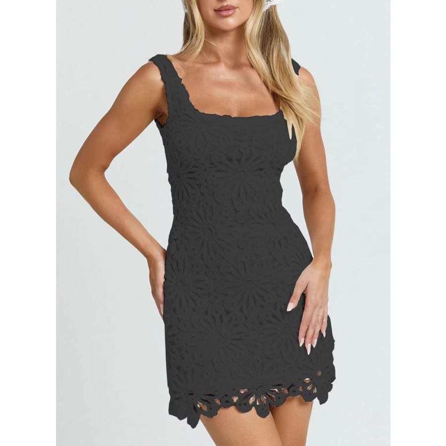 Crochet Wide Strap Mini Dress Black / S Apparel and Accessories