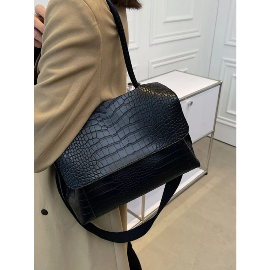 Crocodile Embossed Flap Shoulder Bag Black / One Size Apparel and Accessories