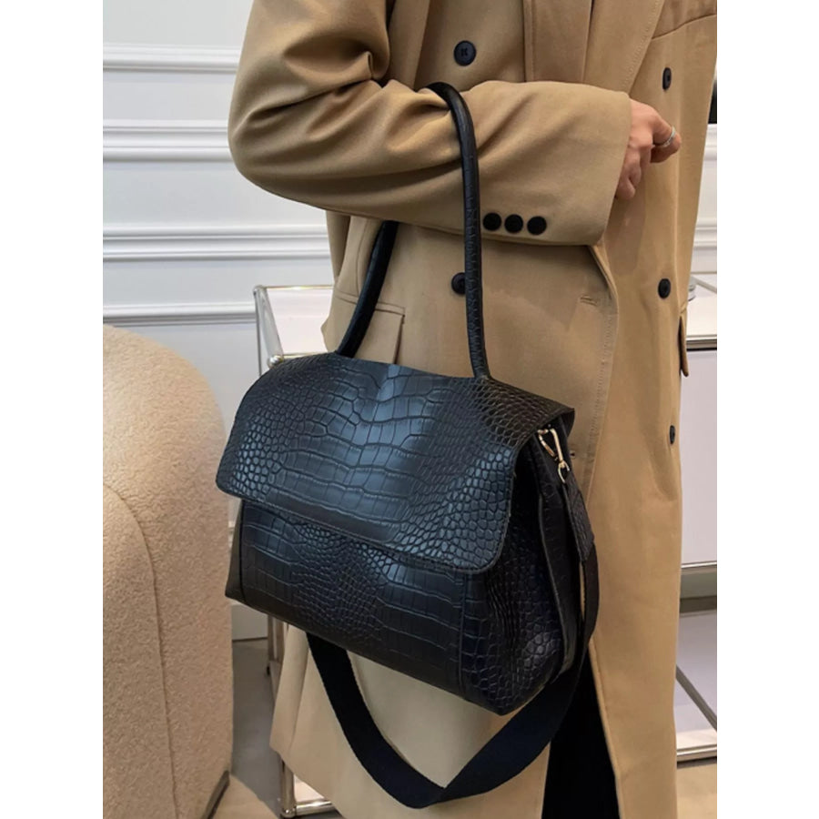 Crocodile Embossed Flap Shoulder Bag Black / One Size Apparel and Accessories