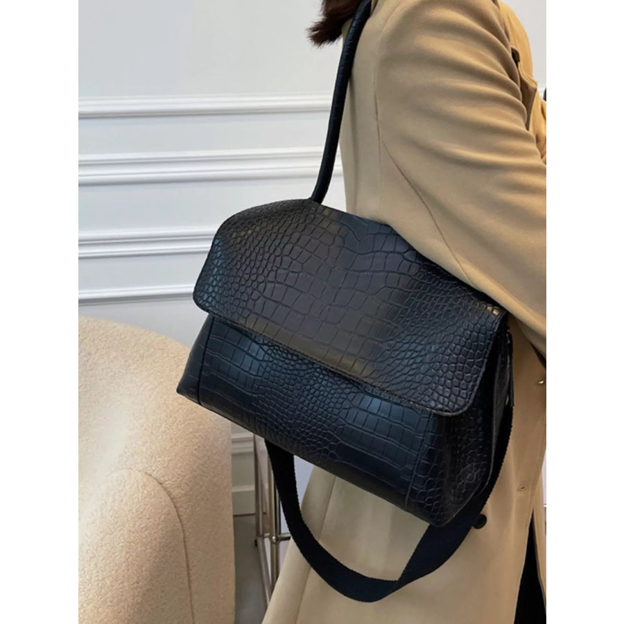 Crocodile Embossed Flap Shoulder Bag Black / One Size Apparel and Accessories