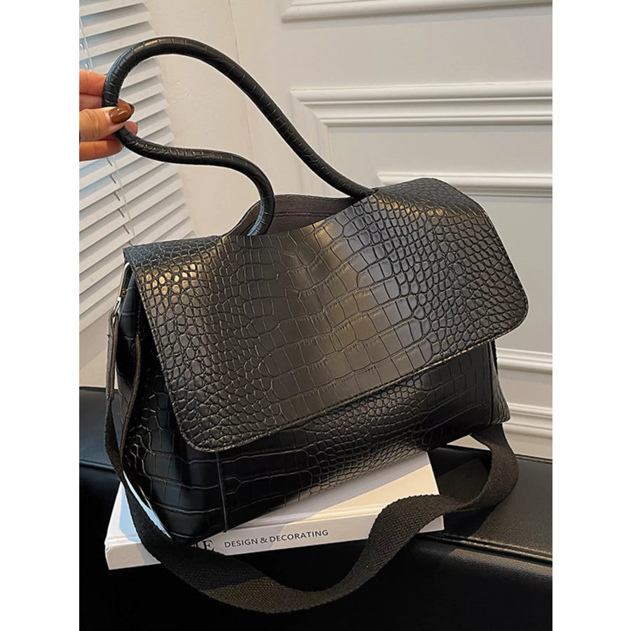 Crocodile Embossed Flap Shoulder Bag Black / One Size Apparel and Accessories