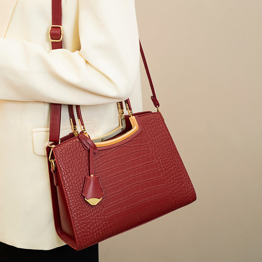 Crocodile Embossed Leather Top Handle Handbag Red / ONESIZE Apparel and Accessories