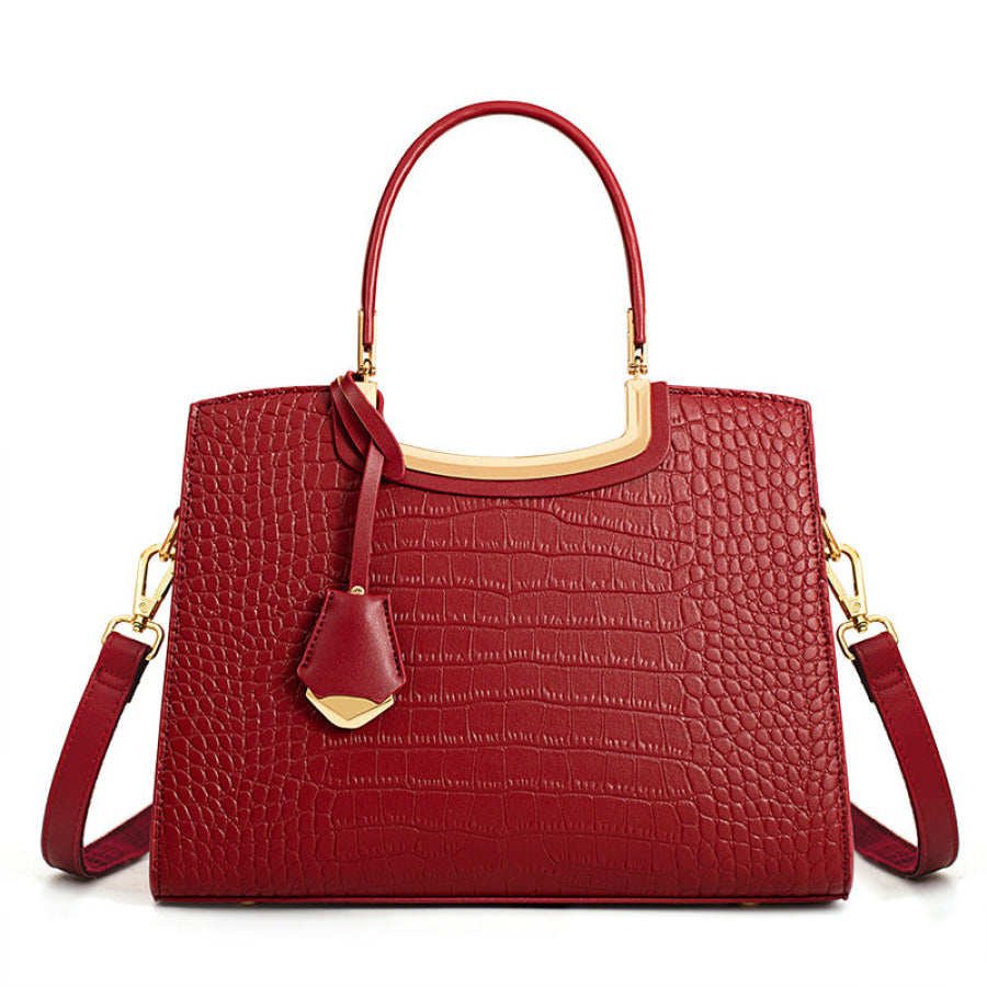 Crocodile Embossed Leather Top Handle Handbag Red / ONESIZE Apparel and Accessories