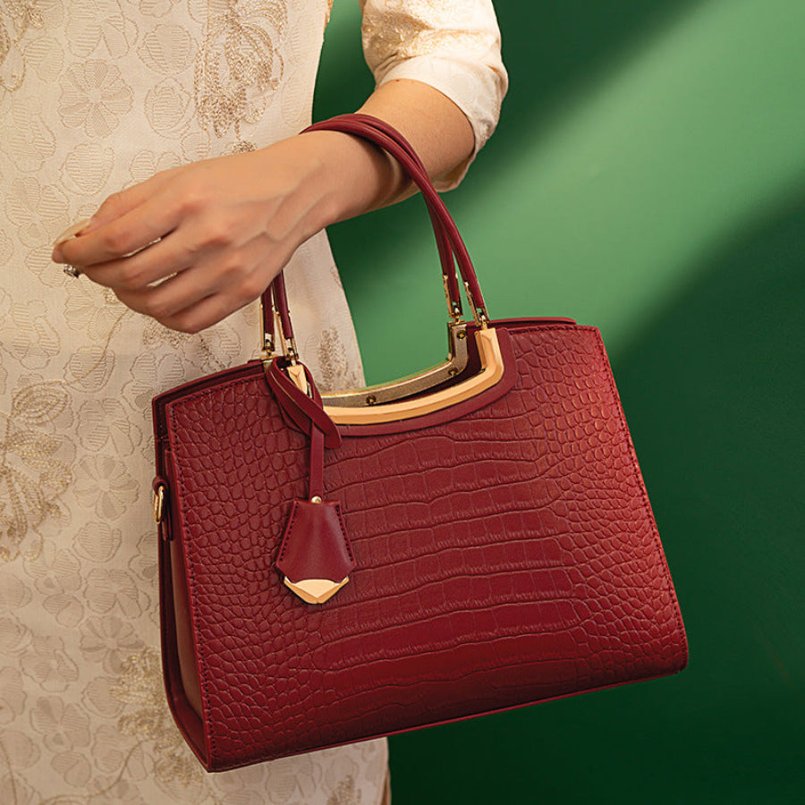 Crocodile Embossed Leather Top Handle Handbag Red / ONESIZE Apparel and Accessories