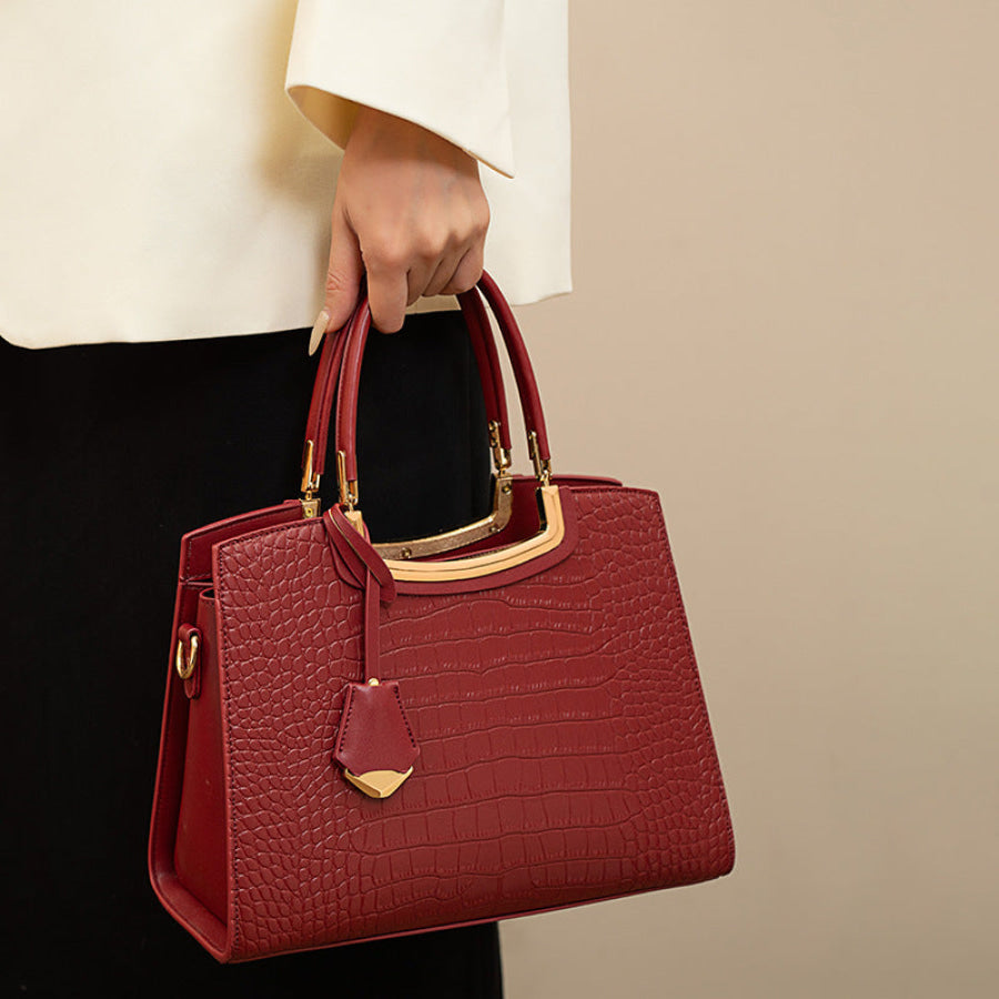 Crocodile Embossed Leather Top Handle Handbag Red / ONESIZE Apparel and Accessories