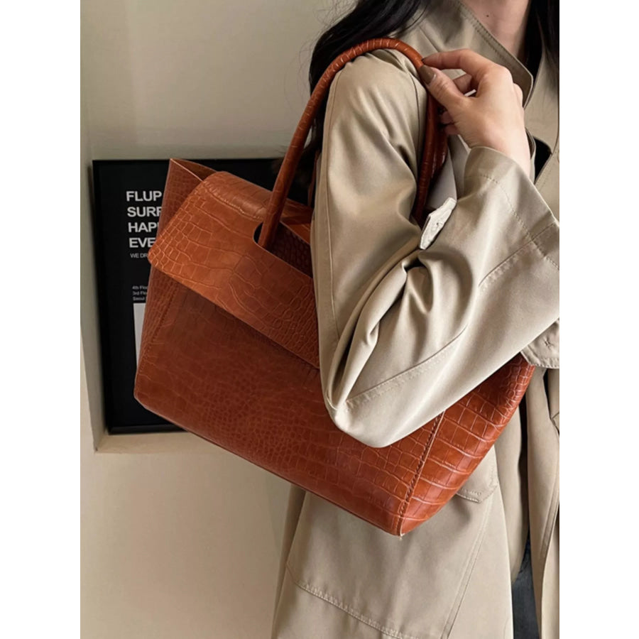 Crocodile-Embossed Shoulder Bag Brown / onesize Apparel and Accessories