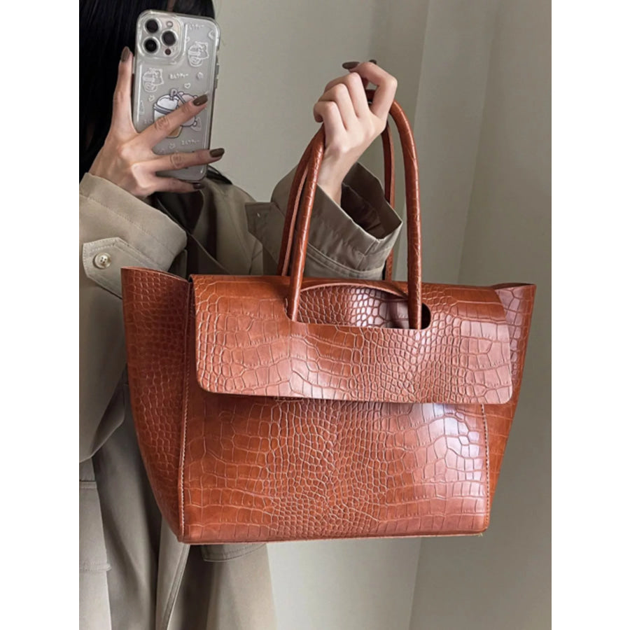 Crocodile-Embossed Shoulder Bag Brown / onesize Apparel and Accessories