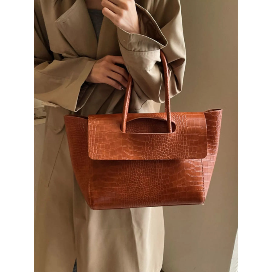 Crocodile-Embossed Shoulder Bag Brown / onesize Apparel and Accessories