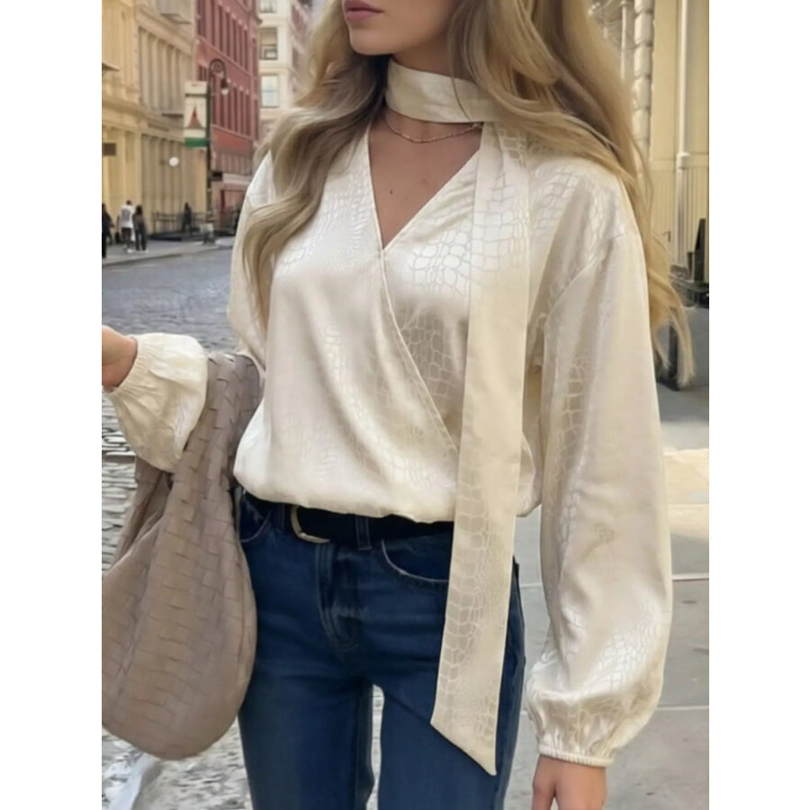 Crocodile-Embossed Surplice Balloon Sleeve Blouse Apparel and Accessories