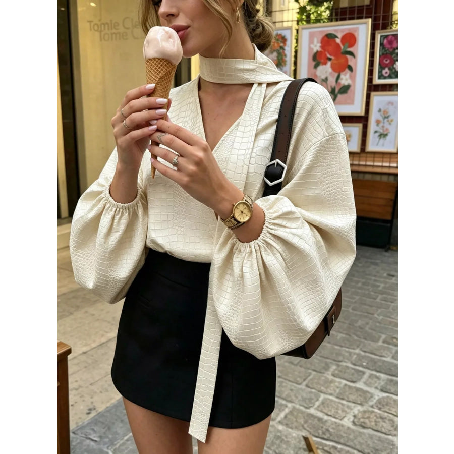 Crocodile-Embossed Surplice Balloon Sleeve Blouse Apparel and Accessories