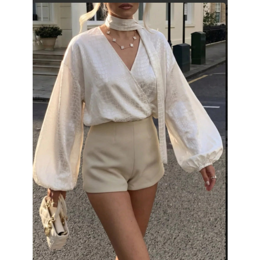 Crocodile-Embossed Surplice Balloon Sleeve Blouse Apparel and Accessories