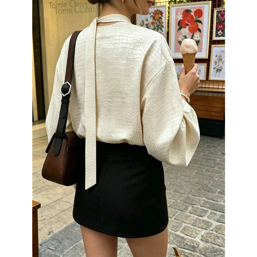 Crocodile-Embossed Surplice Balloon Sleeve Blouse Apparel and Accessories