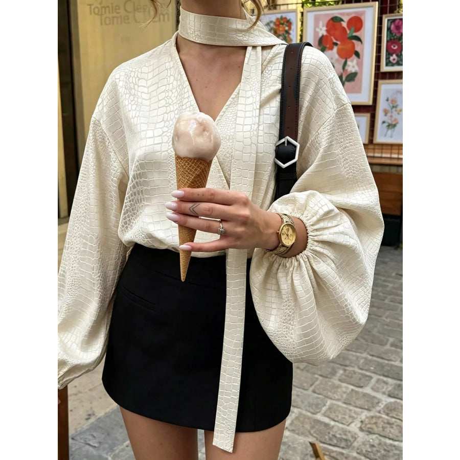 Crocodile-Embossed Surplice Balloon Sleeve Blouse Beige / S Apparel and Accessories