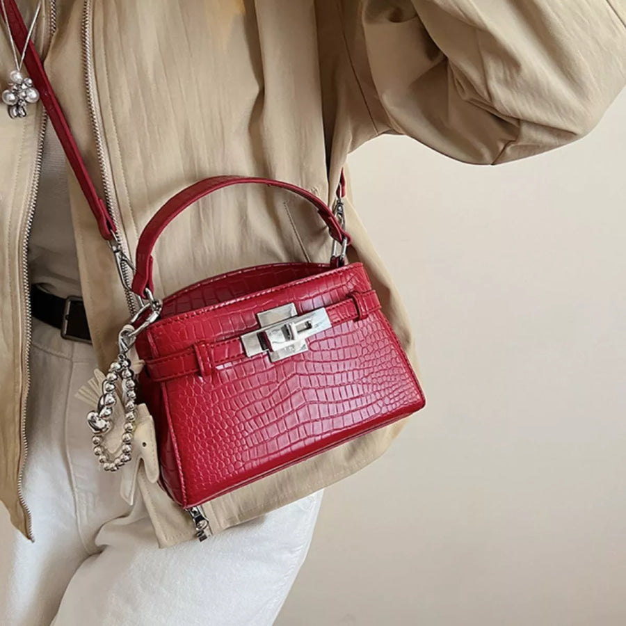 Crocodile-Embossed Top-Handle Handbag Red / One Size Apparel and Accessories