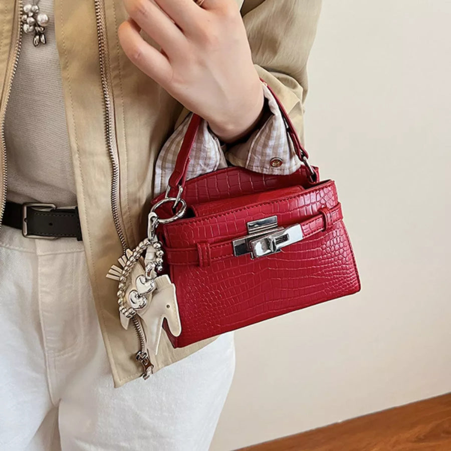 Crocodile-Embossed Top-Handle Handbag Red / One Size Apparel and Accessories