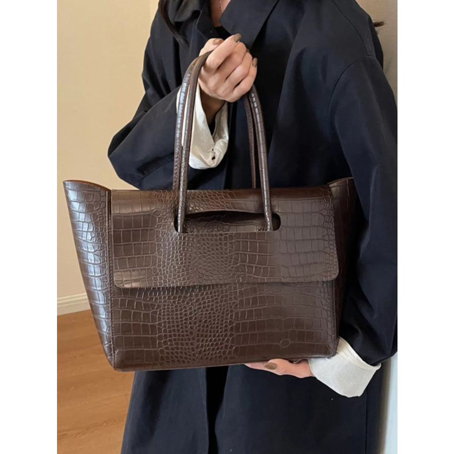 Crocodile Embossed Tote Bag Coffee / ONESIZE Apparel and Accessories