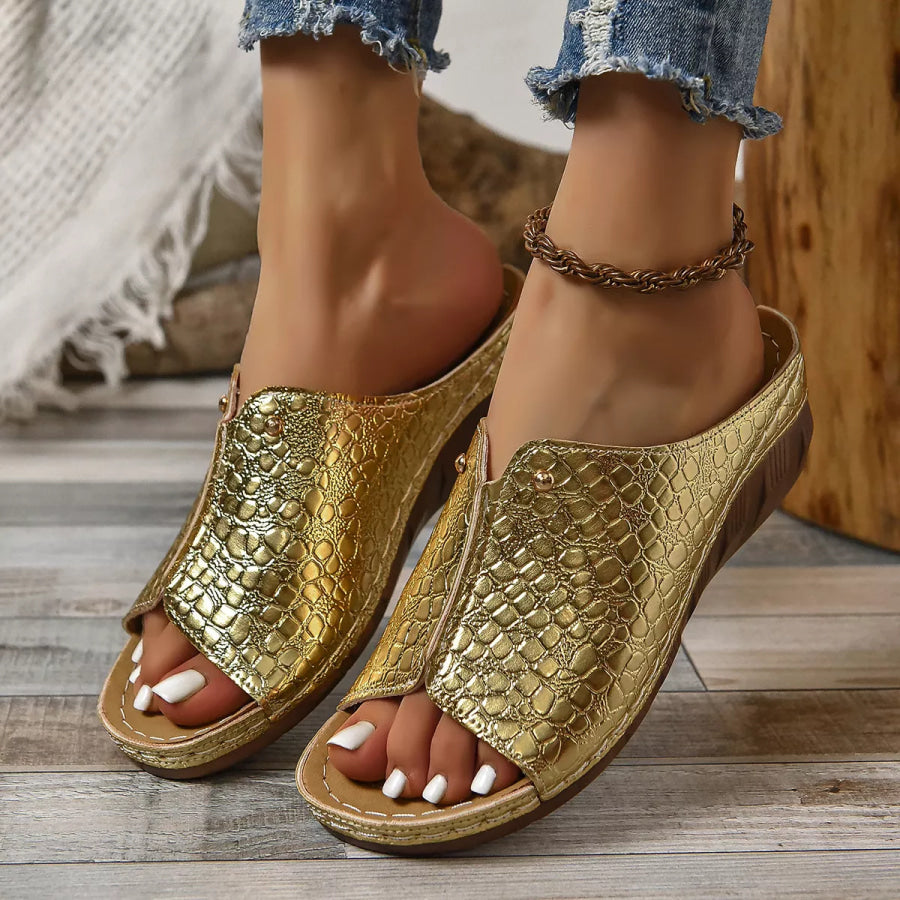 Crocodile-Embossed Wedge Sandals Gold / 36 Apparel and Accessories