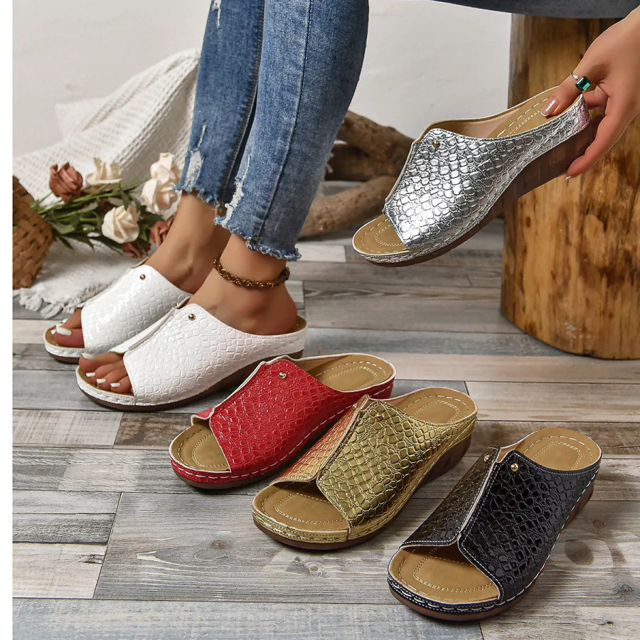 Crocodile-Embossed Wedge Sandals Silver / 36 Apparel and Accessories