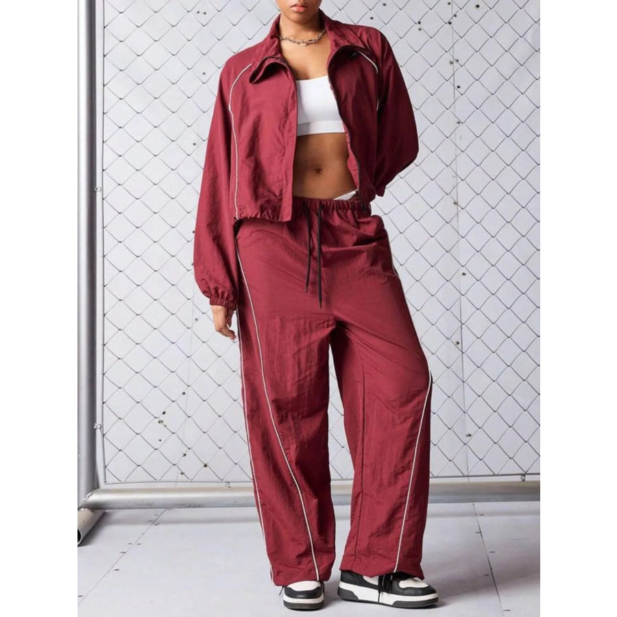Crop Jacket and Wide-Leg Pants Set Dark Red / S Apparel and Accessories