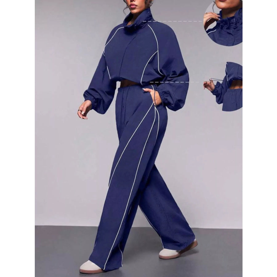Crop Jacket and Wide-Leg Pants Set Blue / S Apparel and Accessories