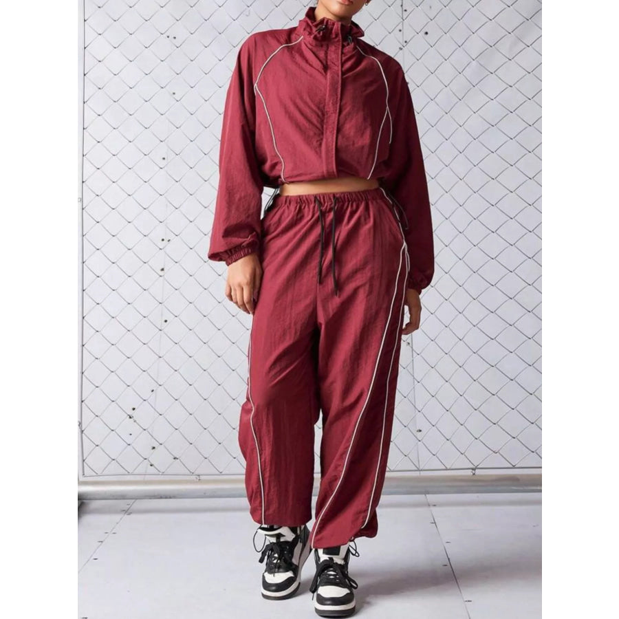 Crop Jacket and Wide-Leg Pants Set Dark Red / S Apparel and Accessories
