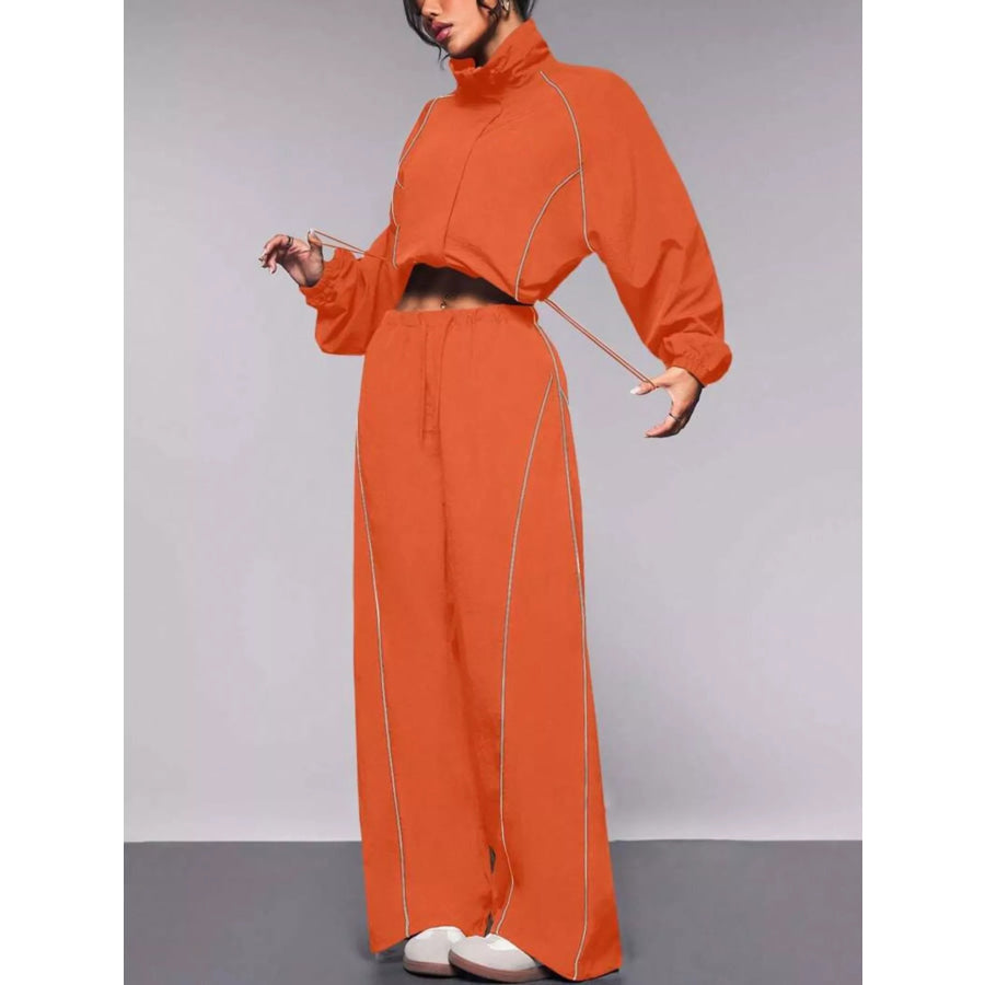Crop Jacket and Wide-Leg Pants Set Orange Red / S Apparel and Accessories
