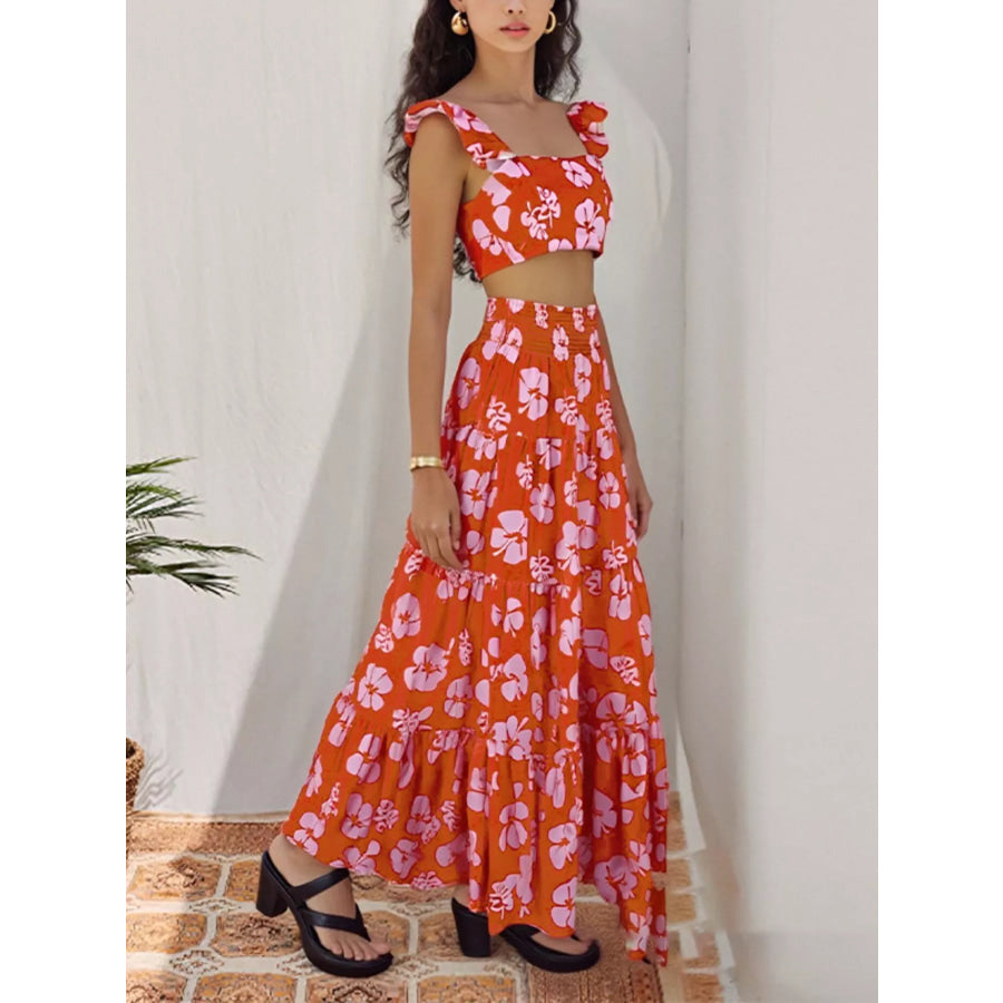 Crop Top and Tiered Maxi Skirt Set Orange-Red / S Apparel and Accessories